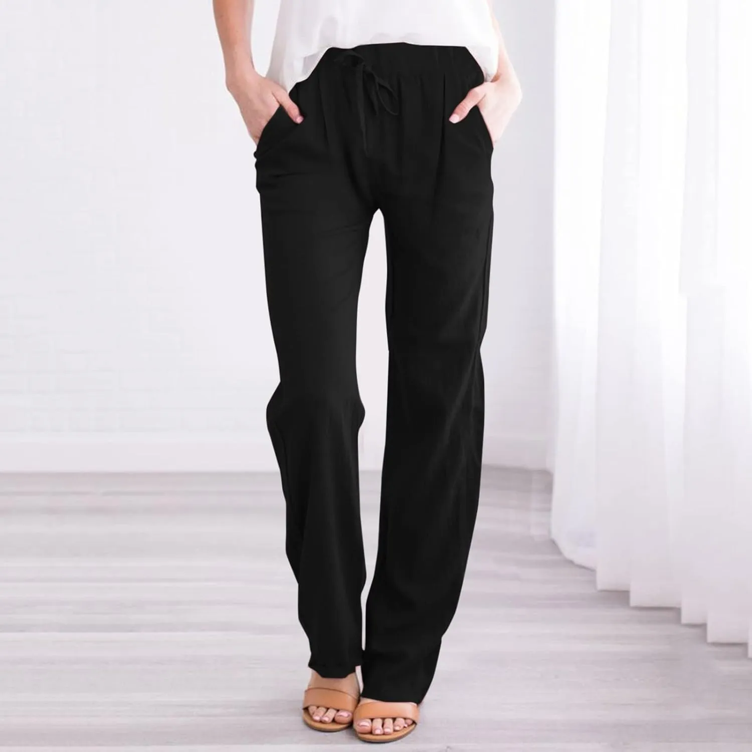 Linen Pants for Women High Waist Drawstring Casual Straight Leg Relax Fit Trousers Summer Beach Pant with Pockets