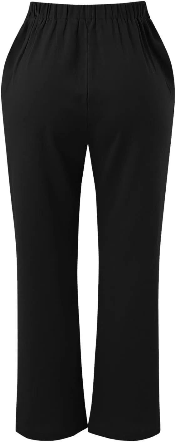 Linen Pants for Women High Waist Drawstring Casual Straight Leg Relax Fit Trousers Summer Beach Pant with Pockets