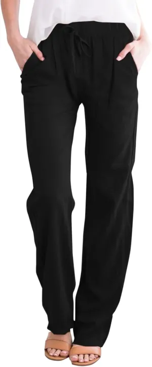 Linen Pants for Women High Waist Drawstring Casual Straight Leg Relax Fit Trousers Summer Beach Pant with Pockets