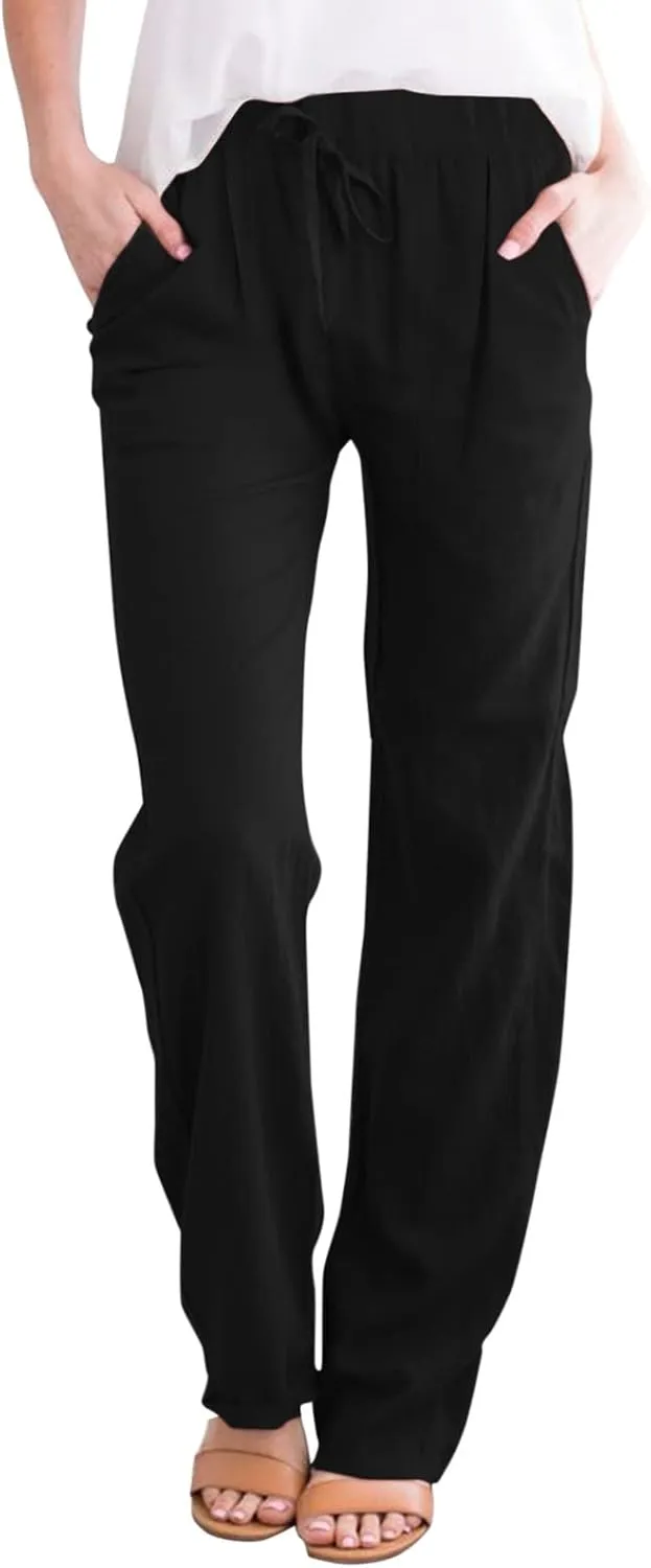 Linen Pants for Women High Waist Drawstring Casual Straight Leg Relax Fit Trousers Summer Beach Pant with Pockets