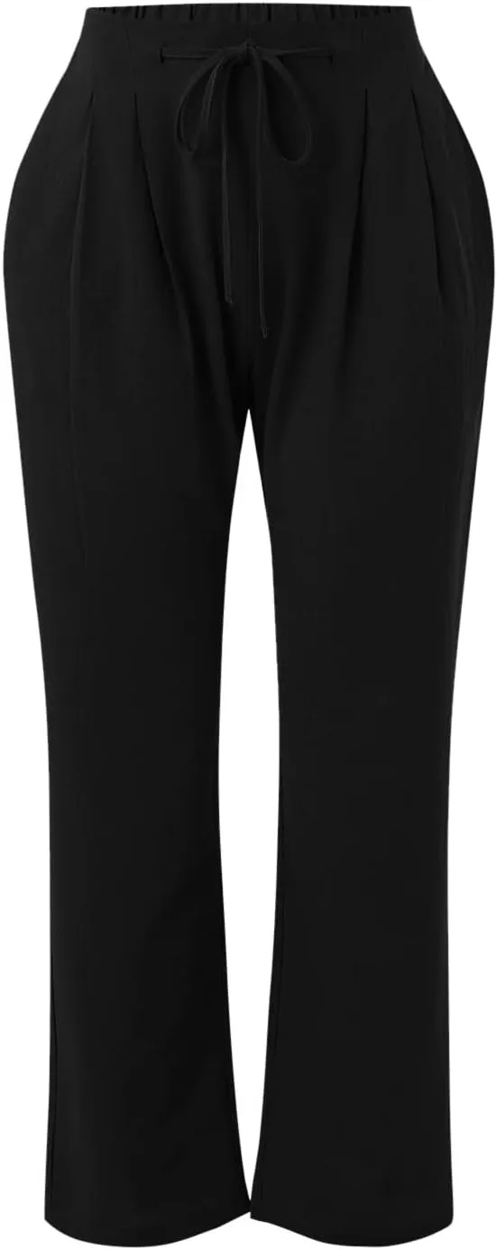 Linen Pants for Women High Waist Drawstring Casual Straight Leg Relax Fit Trousers Summer Beach Pant with Pockets