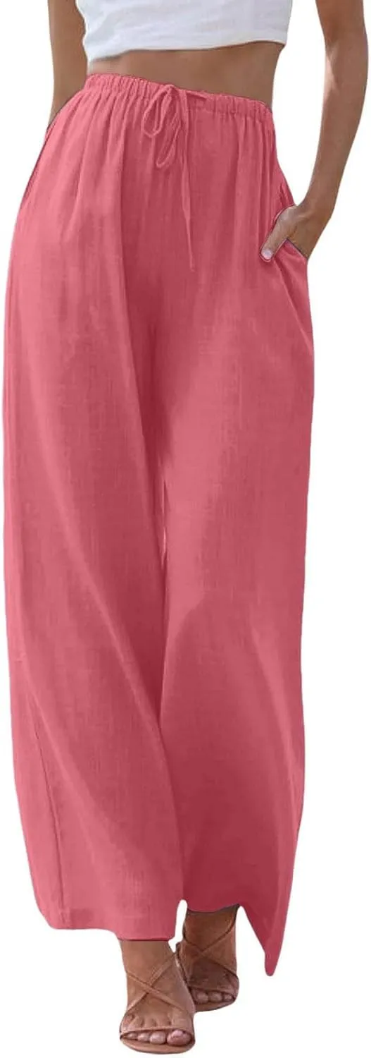 Linen Pants for Women Summer Elastic High Waist Drawstring Flowy Palazzo Pant Loose Fit Wide Leg Trousers with Pocket