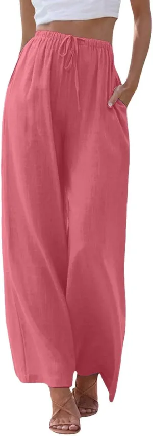 Linen Pants for Women Summer Elastic High Waist Drawstring Flowy Palazzo Pant Loose Fit Wide Leg Trousers with Pocket