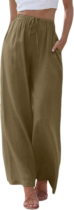 Linen Pants for Women Summer Elastic High Waist Drawstring Flowy Palazzo Pant Loose Fit Wide Leg Trousers with Pocket