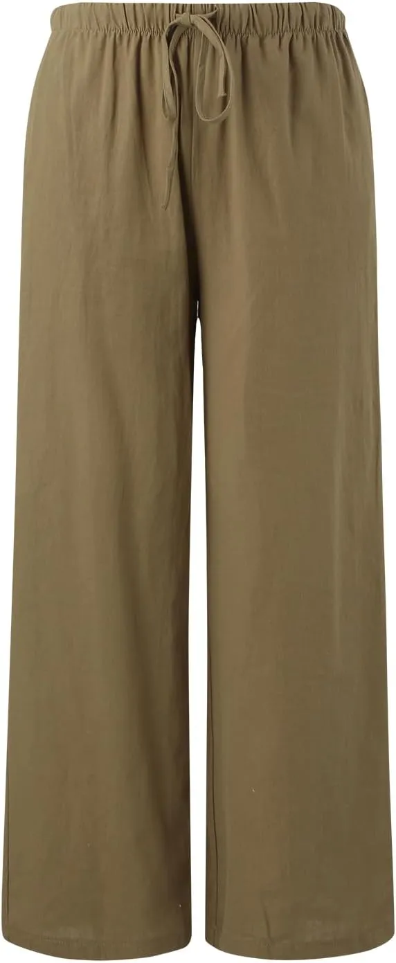 Linen Pants for Women Summer Elastic High Waist Drawstring Flowy Palazzo Pant Loose Fit Wide Leg Trousers with Pocket