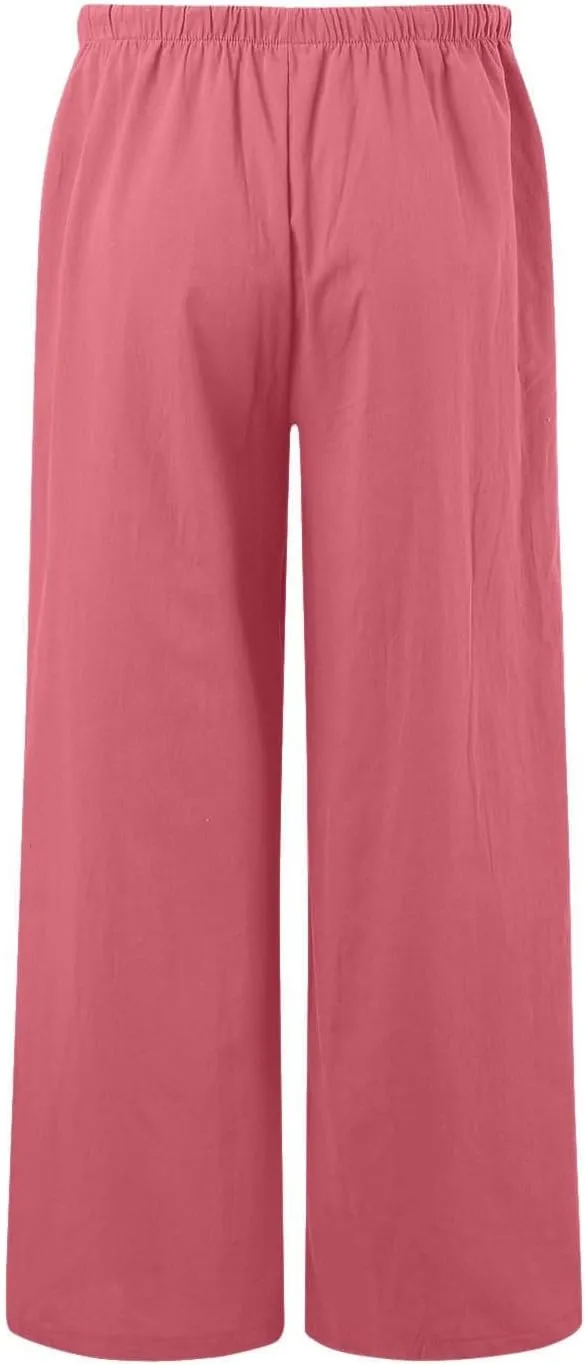 Linen Pants for Women Summer Elastic High Waist Drawstring Flowy Palazzo Pant Loose Fit Wide Leg Trousers with Pocket