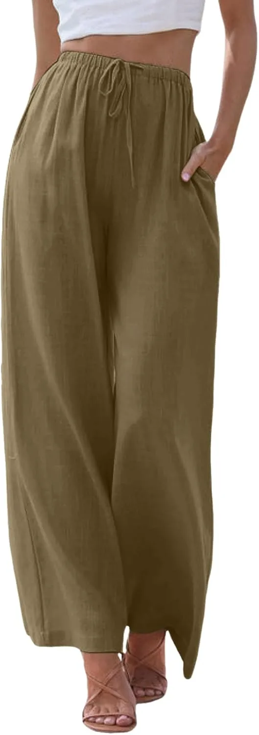 Linen Pants for Women Summer Elastic High Waist Drawstring Flowy Palazzo Pant Loose Fit Wide Leg Trousers with Pocket