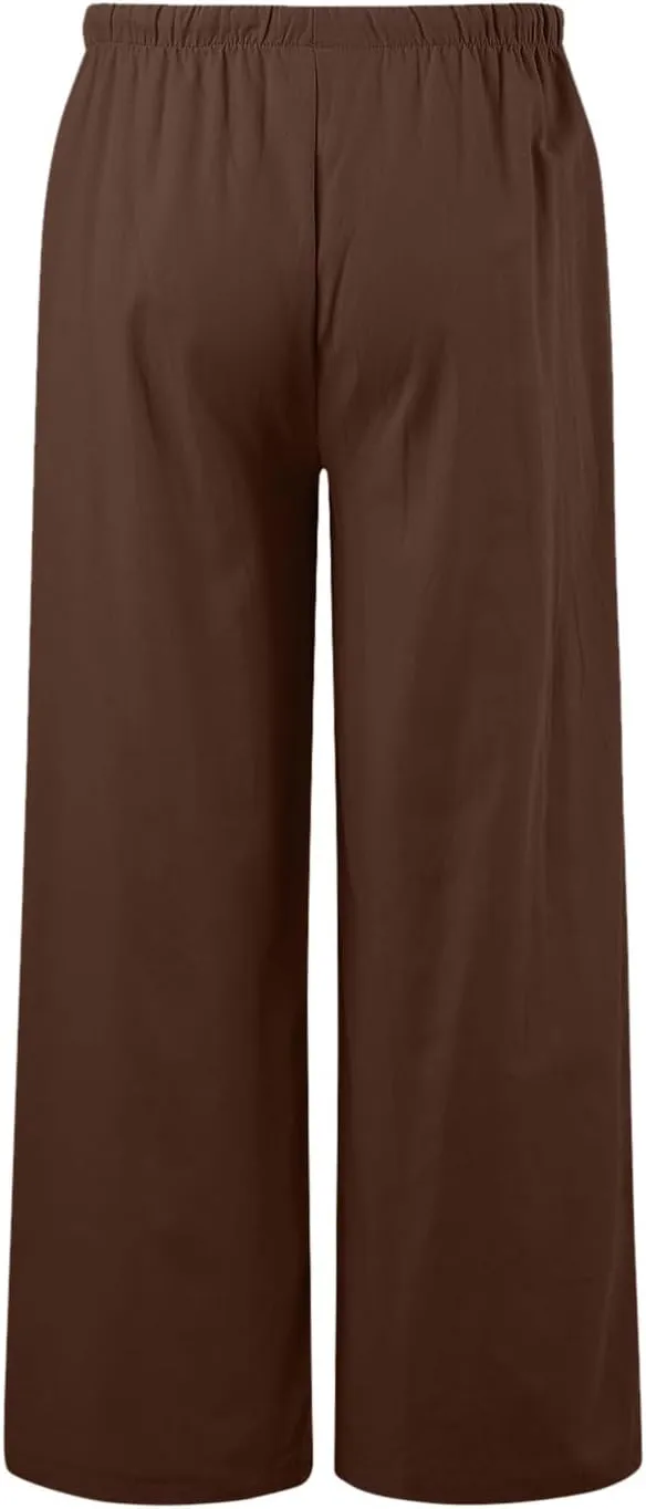 Linen Pants for Women Summer Elastic High Waist Drawstring Flowy Palazzo Pant Loose Fit Wide Leg Trousers with Pocket