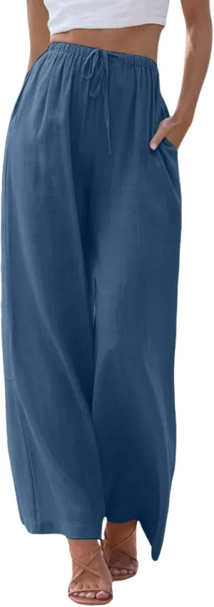 Linen Pants for Women Summer Elastic High Waist Drawstring Flowy Palazzo Pant Loose Fit Wide Leg Trousers with Pocket