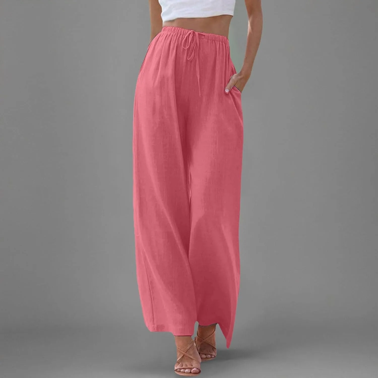 Linen Pants for Women Summer Elastic High Waist Drawstring Flowy Palazzo Pant Loose Fit Wide Leg Trousers with Pocket