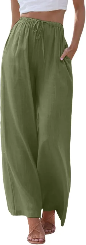Linen Pants for Women Summer Elastic High Waist Drawstring Flowy Palazzo Pant Loose Fit Wide Leg Trousers with Pocket