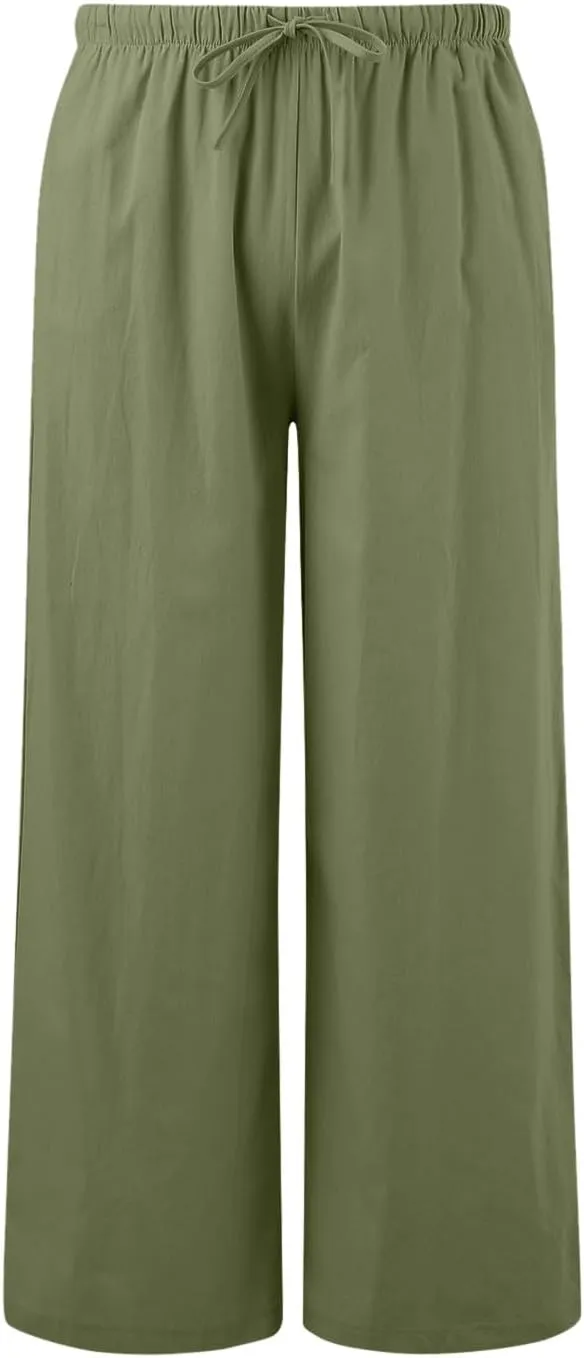 Linen Pants for Women Summer Elastic High Waist Drawstring Flowy Palazzo Pant Loose Fit Wide Leg Trousers with Pocket