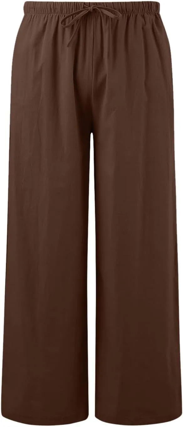 Linen Pants for Women Summer Elastic High Waist Drawstring Flowy Palazzo Pant Loose Fit Wide Leg Trousers with Pocket