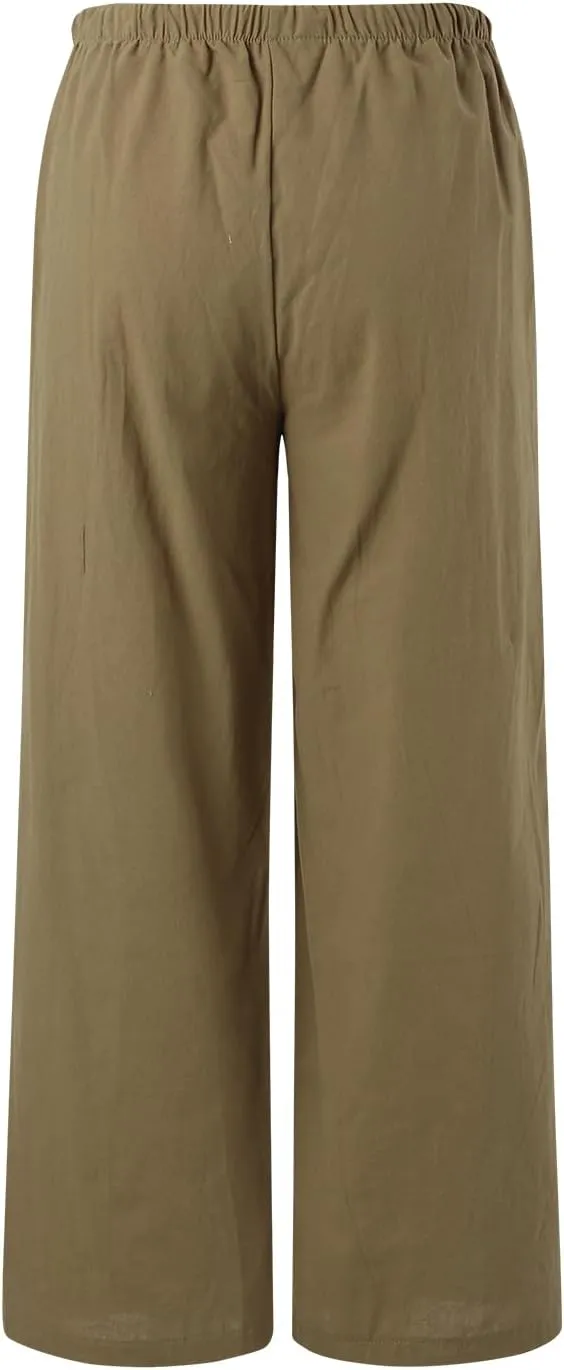 Linen Pants for Women Summer Elastic High Waist Drawstring Flowy Palazzo Pant Loose Fit Wide Leg Trousers with Pocket