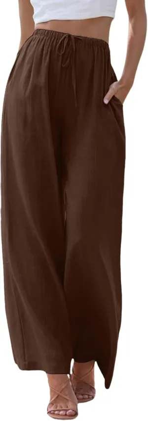 Linen Pants for Women Summer Elastic High Waist Drawstring Flowy Palazzo Pant Loose Fit Wide Leg Trousers with Pocket
