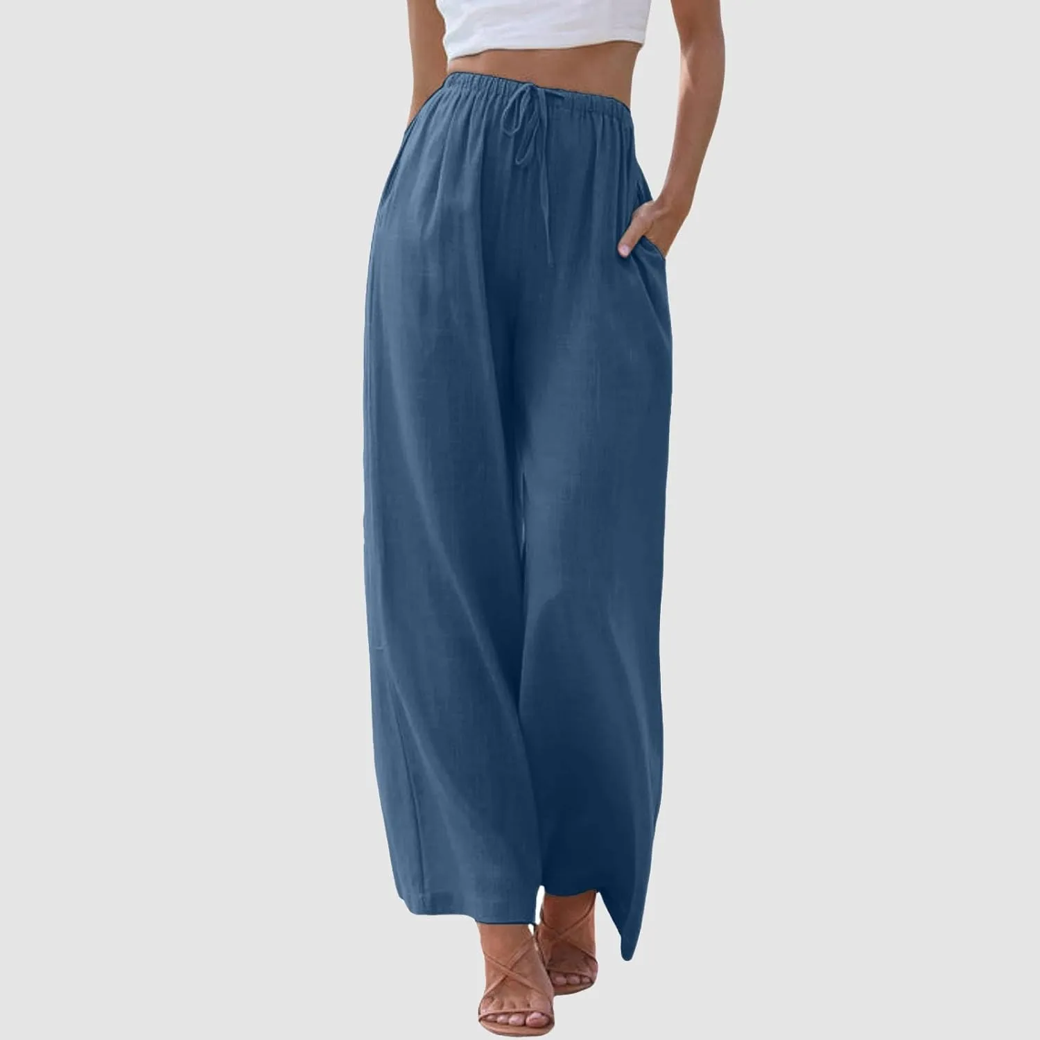 Linen Pants for Women Summer Elastic High Waist Drawstring Flowy Palazzo Pant Loose Fit Wide Leg Trousers with Pocket