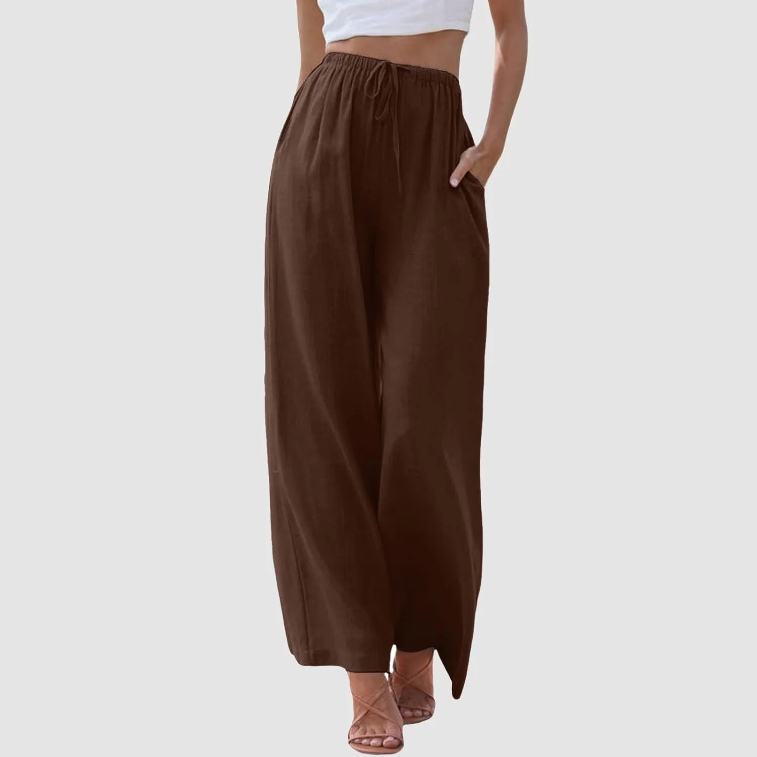 Linen Pants for Women Summer Elastic High Waist Drawstring Flowy Palazzo Pant Loose Fit Wide Leg Trousers with Pocket