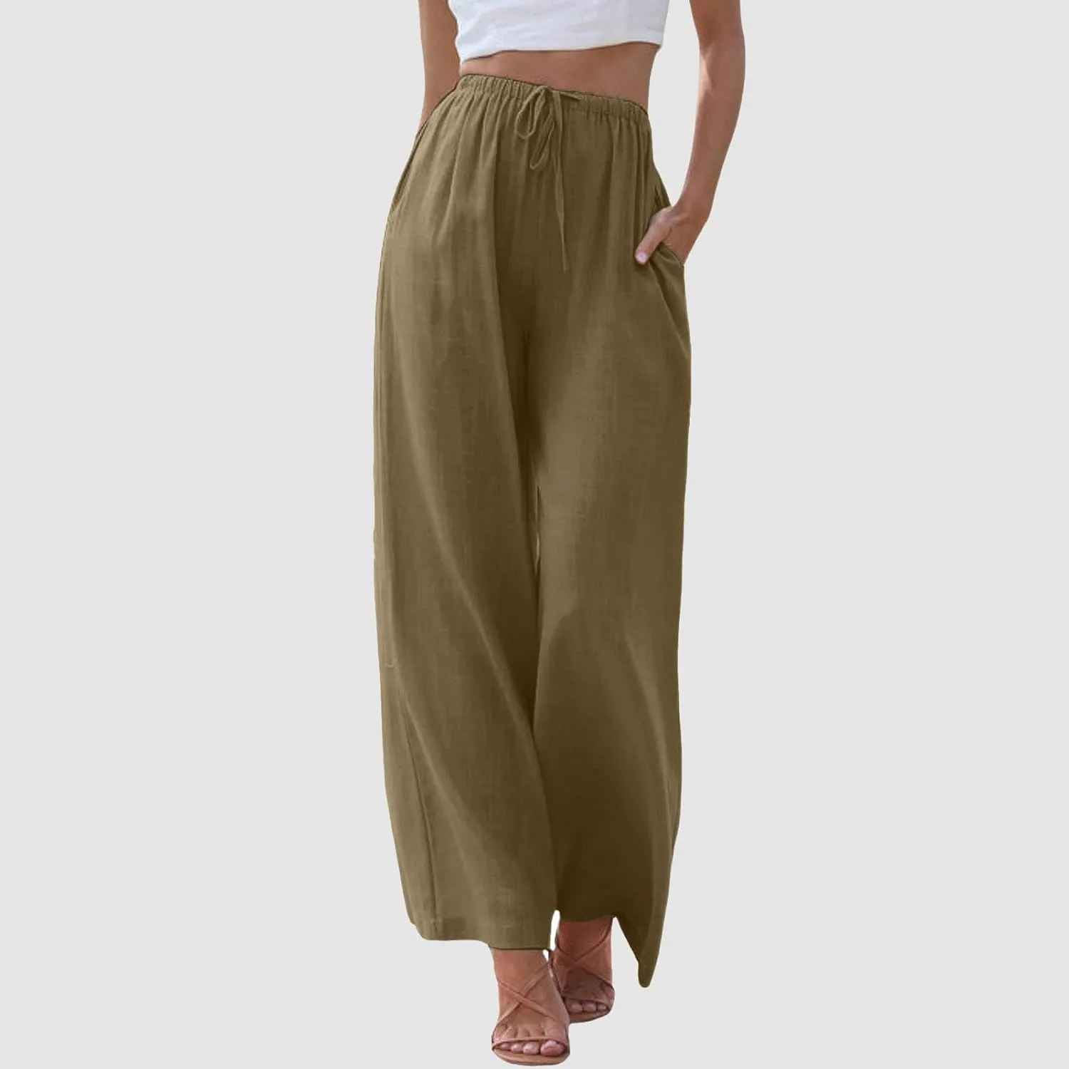 Linen Pants for Women Summer Elastic High Waist Drawstring Flowy Palazzo Pant Loose Fit Wide Leg Trousers with Pocket