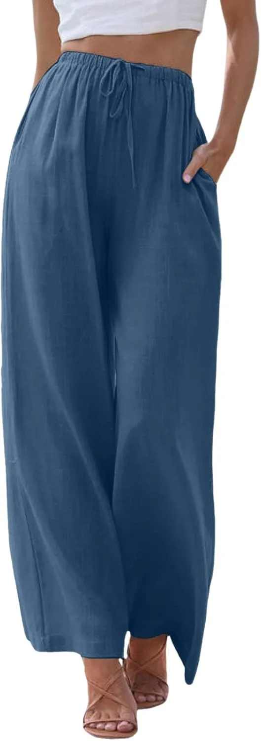 Linen Pants for Women Summer Elastic High Waist Drawstring Flowy Palazzo Pant Loose Fit Wide Leg Trousers with Pocket