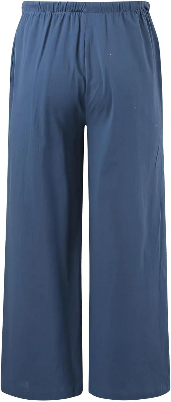 Linen Pants for Women Summer Elastic High Waist Drawstring Flowy Palazzo Pant Loose Fit Wide Leg Trousers with Pocket