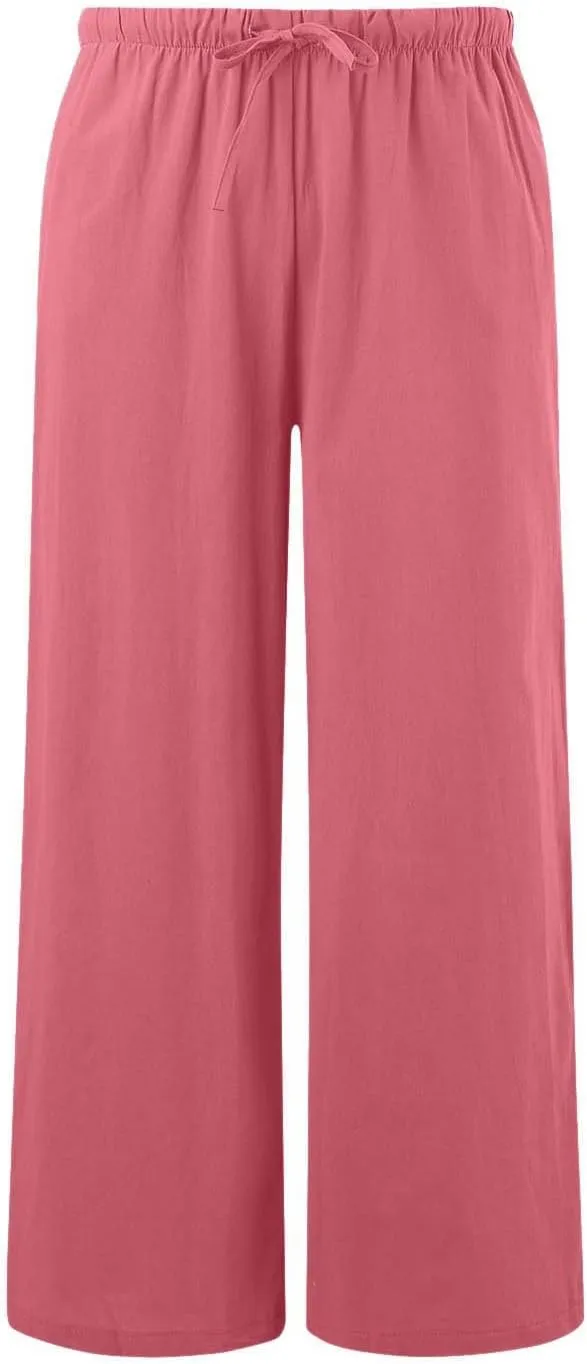 Linen Pants for Women Summer Elastic High Waist Drawstring Flowy Palazzo Pant Loose Fit Wide Leg Trousers with Pocket