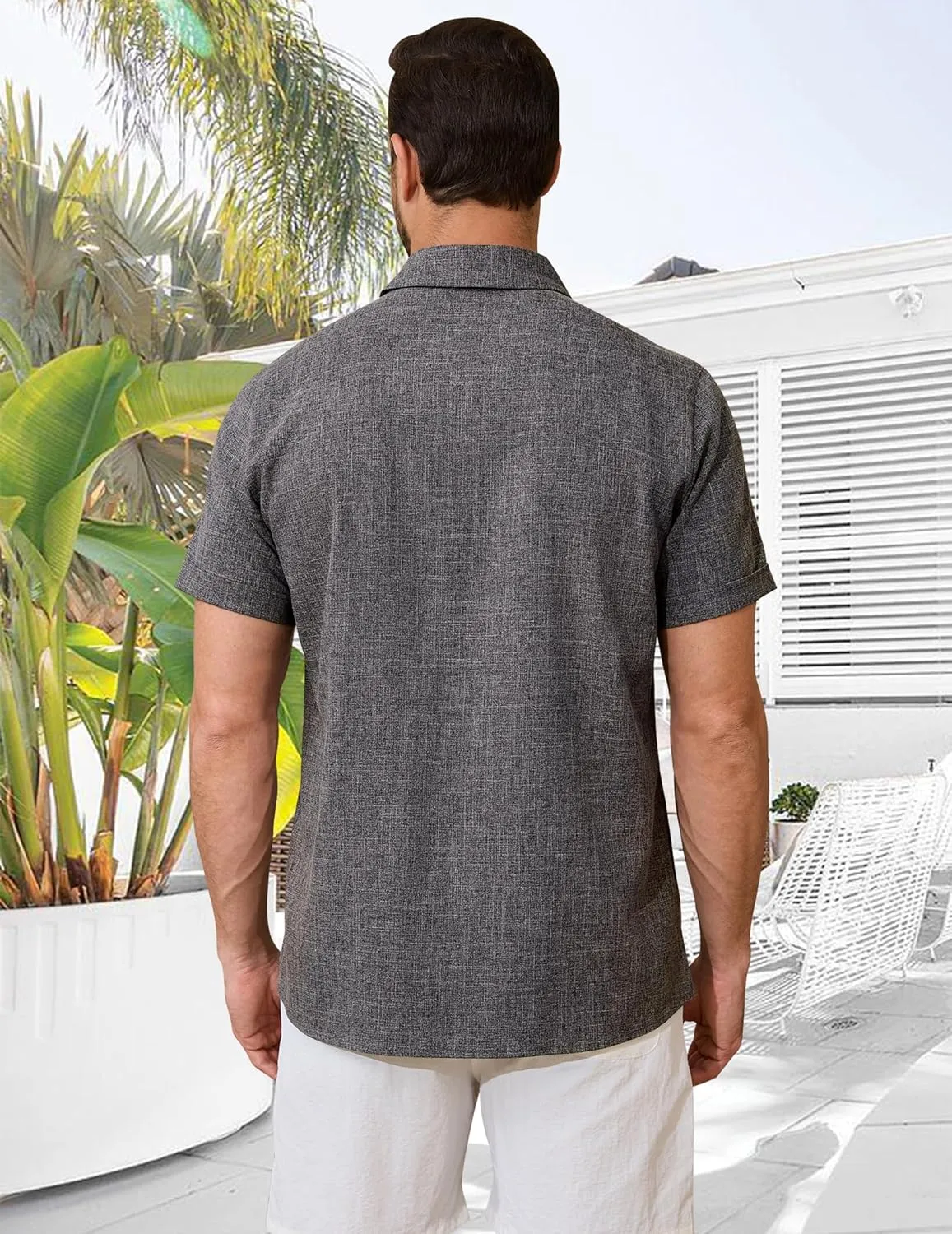 Linen Shirts for Men Button Down Beach Shirt Short Sleeve Men's Casual Summer Vacation Shirts