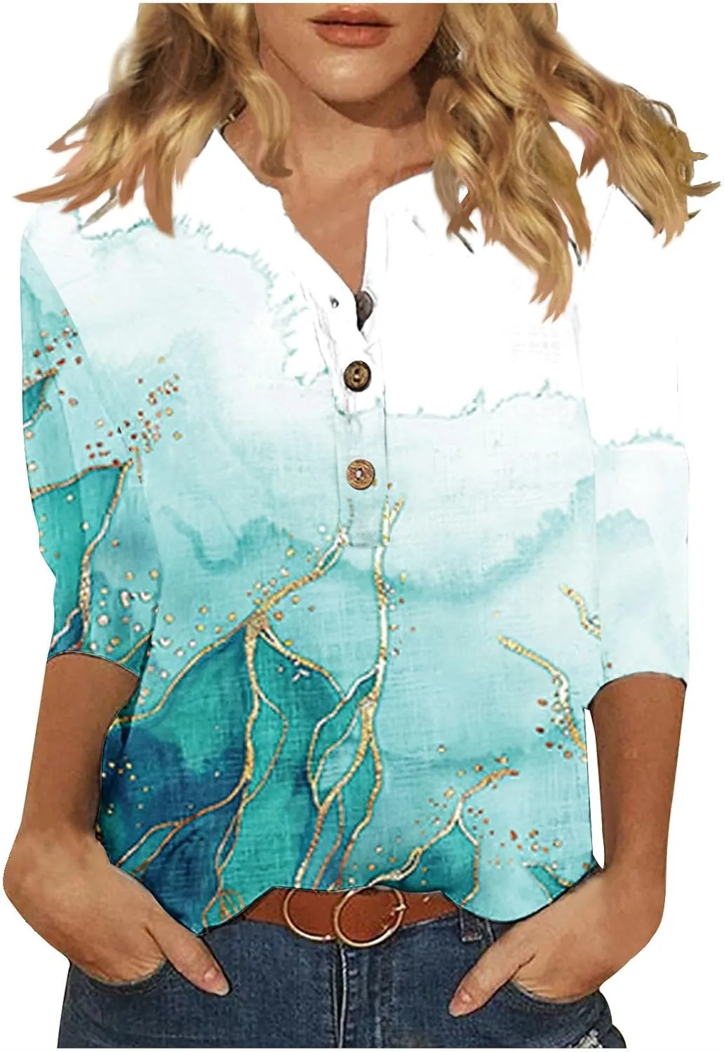 Linen Shirts for Women Boho Floral Shirt Button V Neck T Shirts Summer Vacation 3/4 Sleeve Tops Trendy Fashion Tops