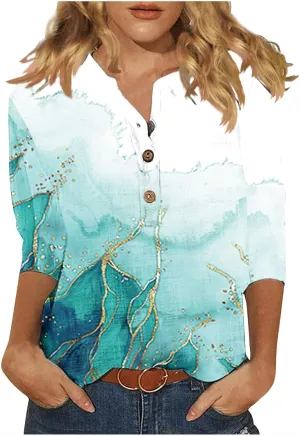 Linen Shirts for Women Boho Floral Shirt Button V Neck T Shirts Summer Vacation 3/4 Sleeve Tops Trendy Fashion Tops