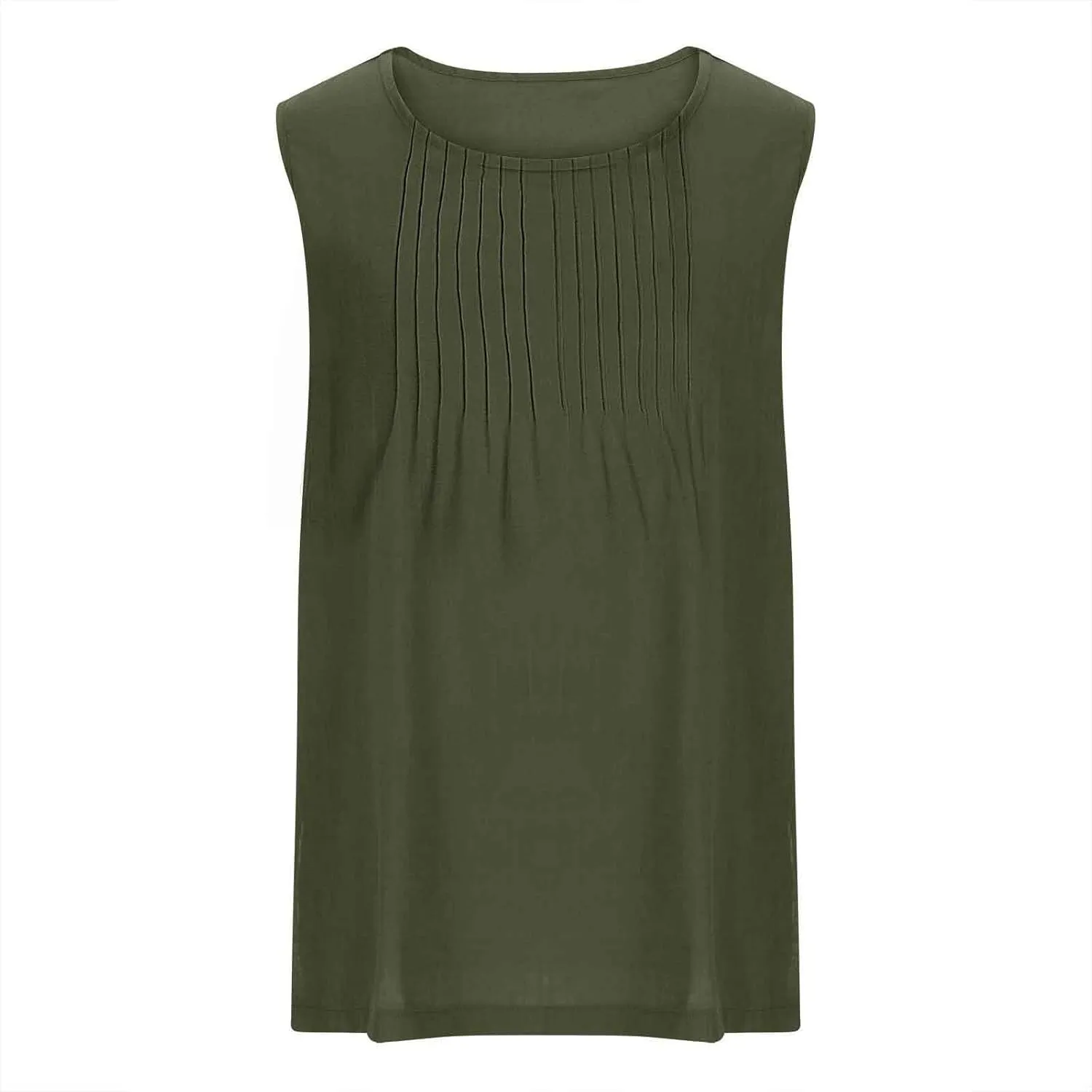 Linen Tank Tops for Women Cotton Gauze Crewneck Pleated Front Sleeveless Plus Size Side Slit Summer Shirts