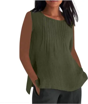 Linen Tank Tops for Women Cotton Gauze Crewneck Pleated Front Sleeveless Plus Size Side Slit Summer Shirts