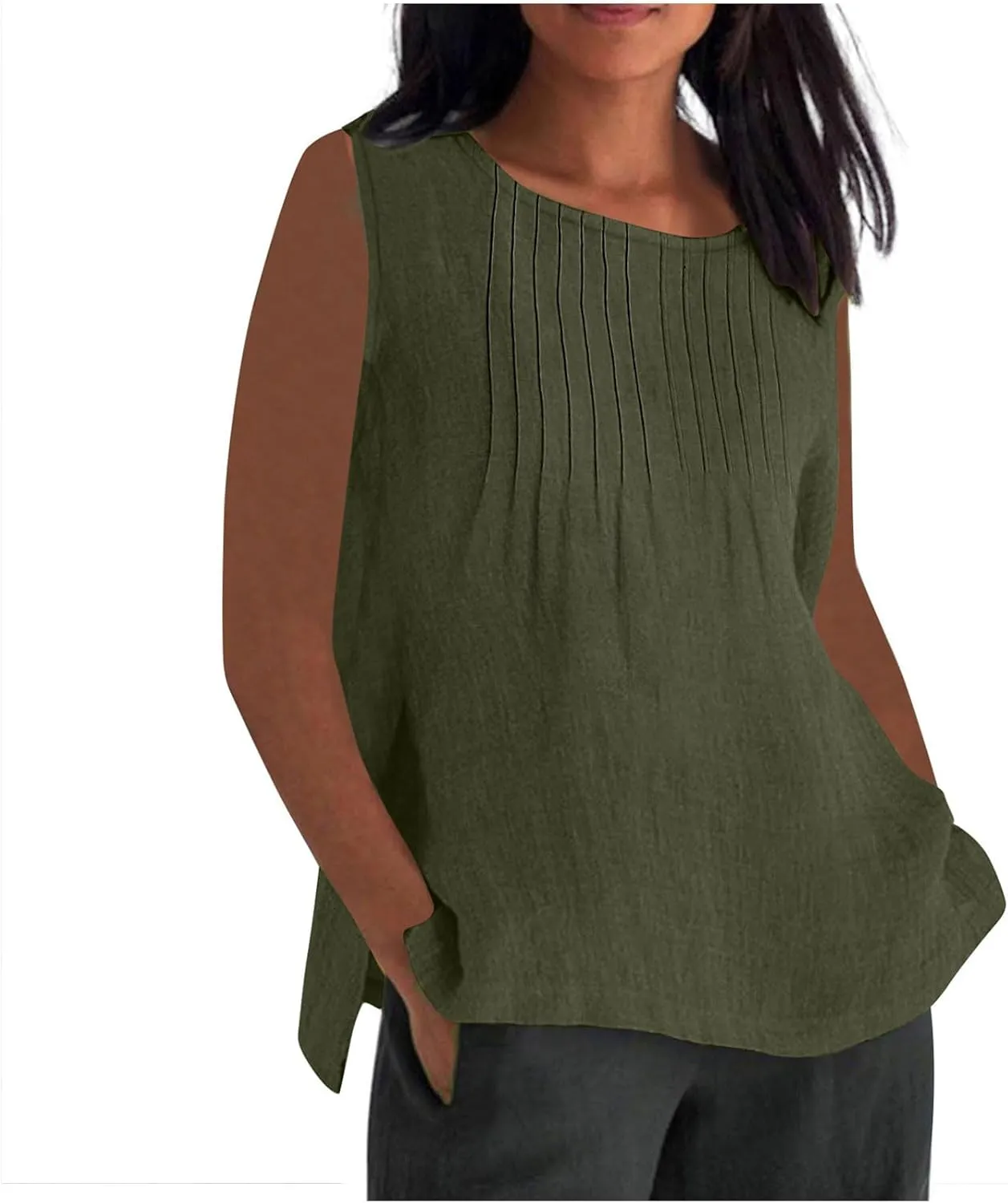 Linen Tank Tops for Women Cotton Gauze Crewneck Pleated Front Sleeveless Plus Size Side Slit Summer Shirts