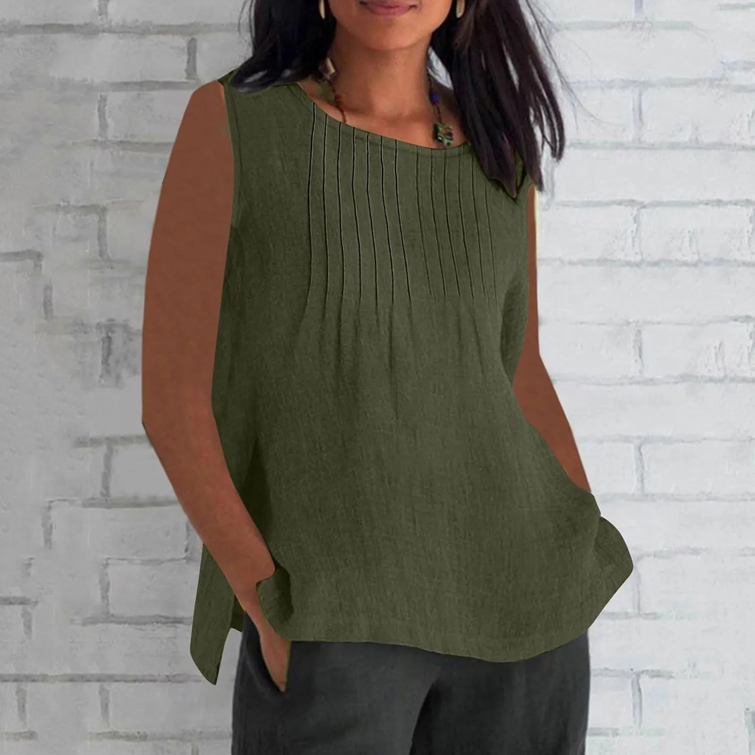 Linen Tank Tops for Women Cotton Gauze Crewneck Pleated Front Sleeveless Plus Size Side Slit Summer Shirts