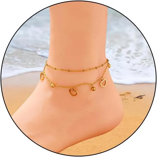 LIU JUN Anklets For Women, 14k Gold Plated Waterproof Layered Heart Pendant Paperclip Cuban Link Stainless Steel Foot Chain Beach Body Accessories Gift Jewelry