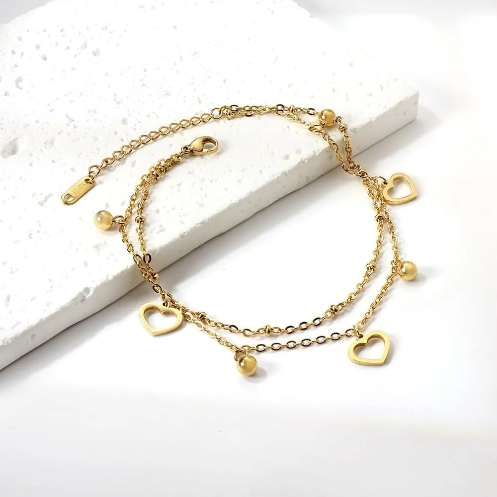 LIU JUN Anklets For Women, 14k Gold Plated Waterproof Layered Heart Pendant Paperclip Cuban Link Stainless Steel Foot Chain Beach Body Accessories Gift Jewelry