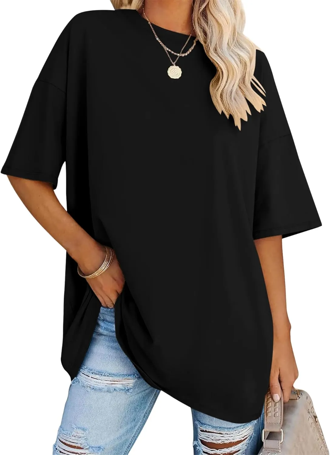 LOMON Oversized T Shirts for Women Short Sleeve Crewneck Summer Tops Loose Casual Mama Shirts Basic Tee