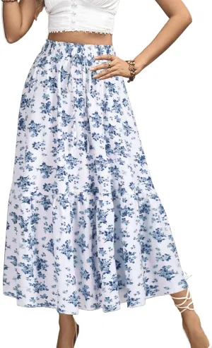 Long Skirts for Women High Elastic Waist Skirt Casual Summer Fake Drawstring Floral Pleated A Line Boho Cute Skirts 8627
