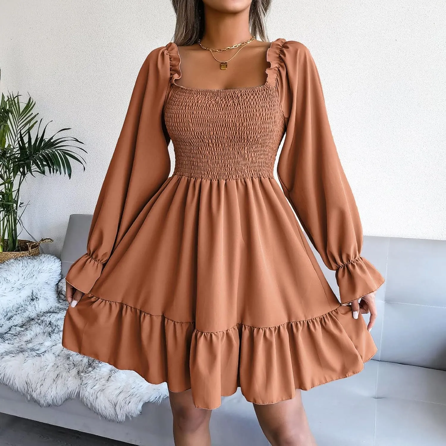 Long Sleeve Square Neck Mini Dresses for Women Fall Winter Formal Trendy Casual Sexy A Line Ruffle Ruched Dress