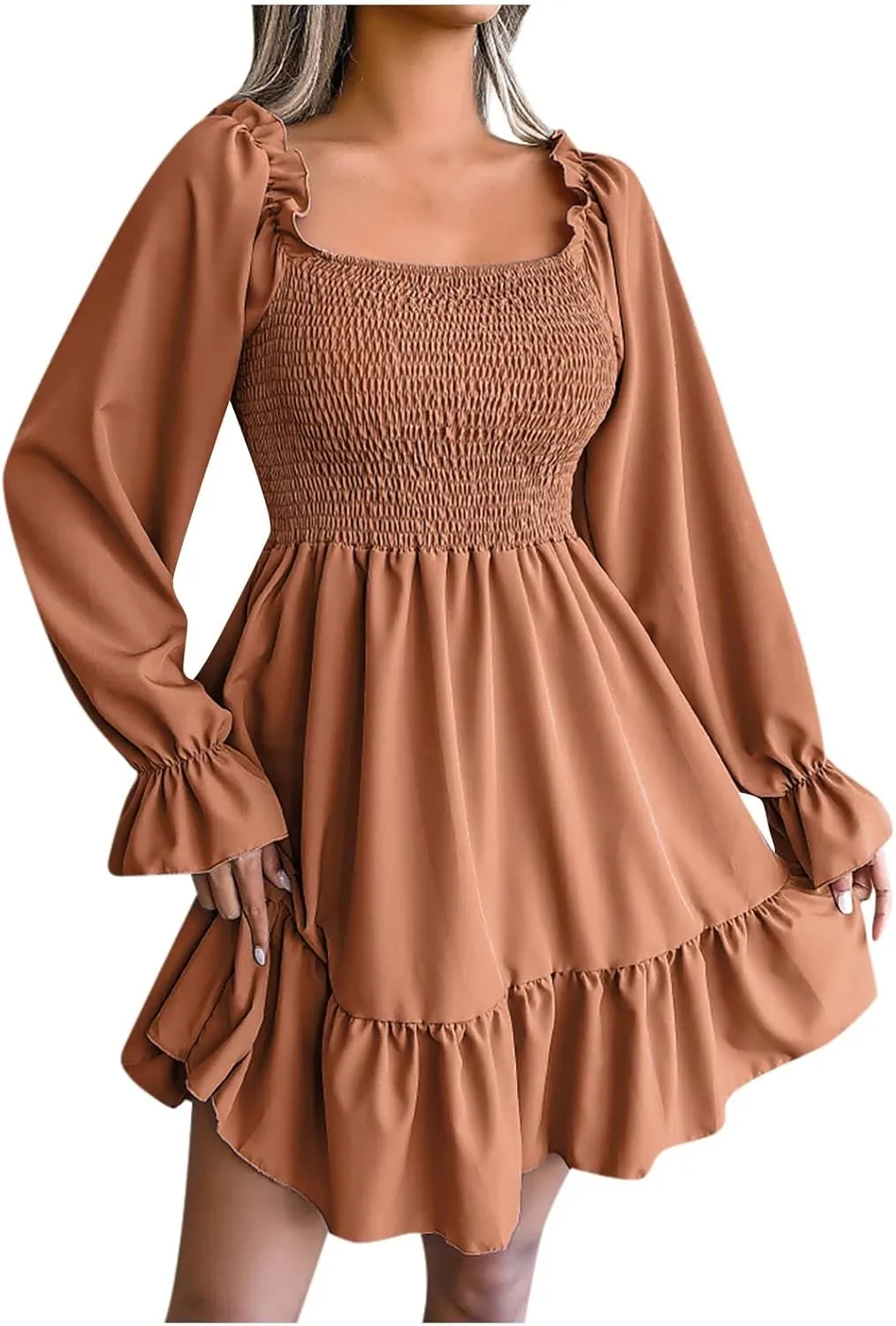 Long Sleeve Square Neck Mini Dresses for Women Fall Winter Formal Trendy Casual Sexy A Line Ruffle Ruched Dress