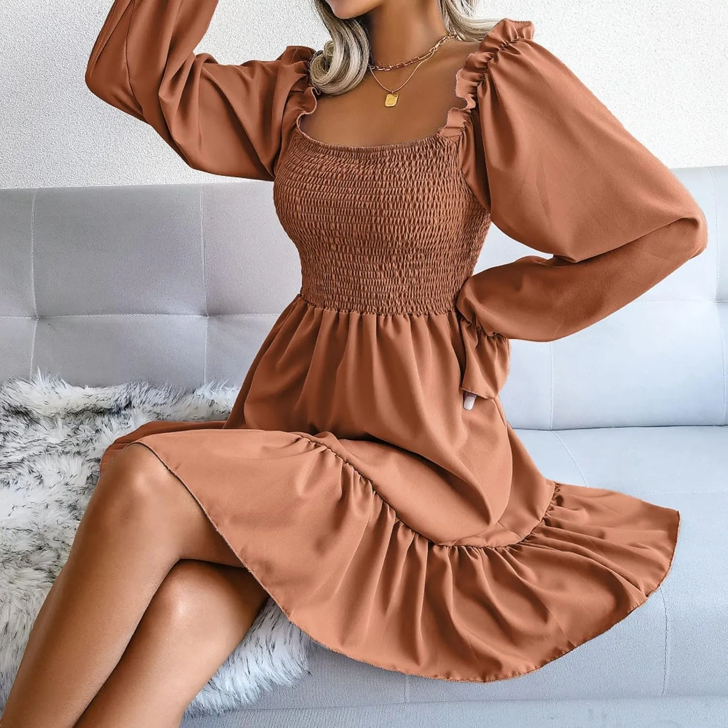Long Sleeve Square Neck Mini Dresses for Women Fall Winter Formal Trendy Casual Sexy A Line Ruffle Ruched Dress