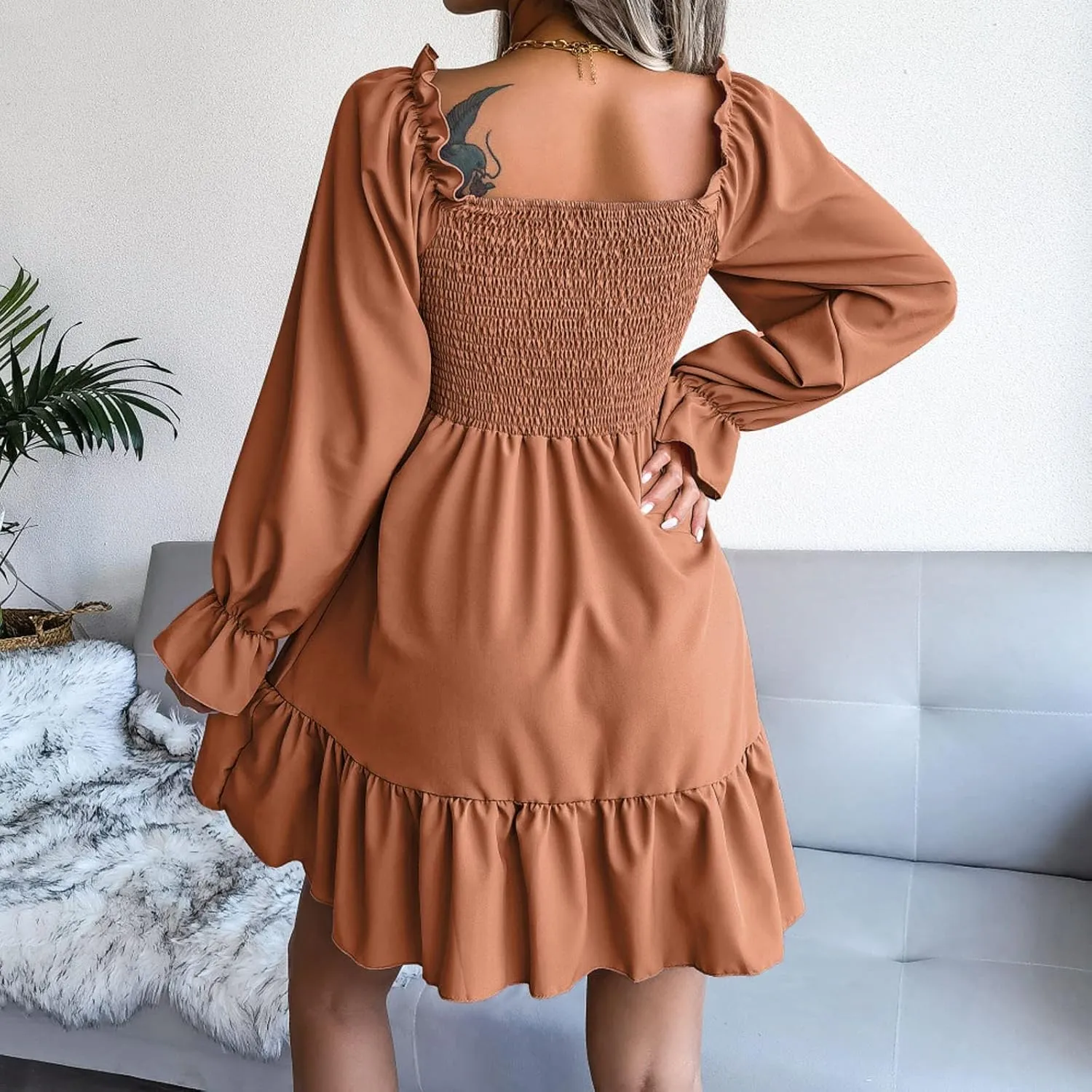 Long Sleeve Square Neck Mini Dresses for Women Fall Winter Formal Trendy Casual Sexy A Line Ruffle Ruched Dress
