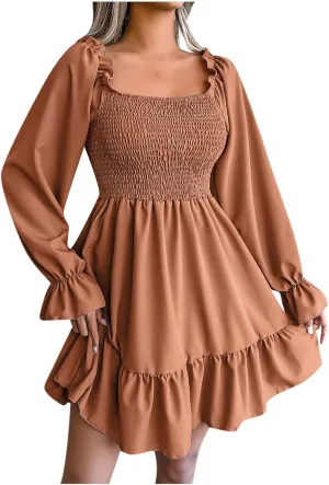 Long Sleeve Square Neck Mini Dresses for Women Fall Winter Formal Trendy Casual Sexy A Line Ruffle Ruched Dress
