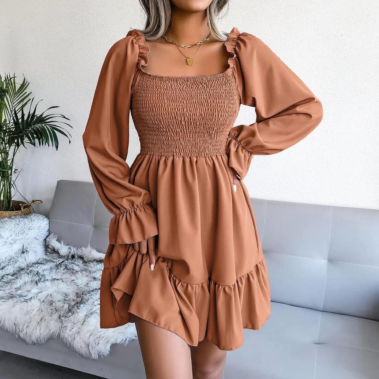Long Sleeve Square Neck Mini Dresses for Women Fall Winter Formal Trendy Casual Sexy A Line Ruffle Ruched Dress