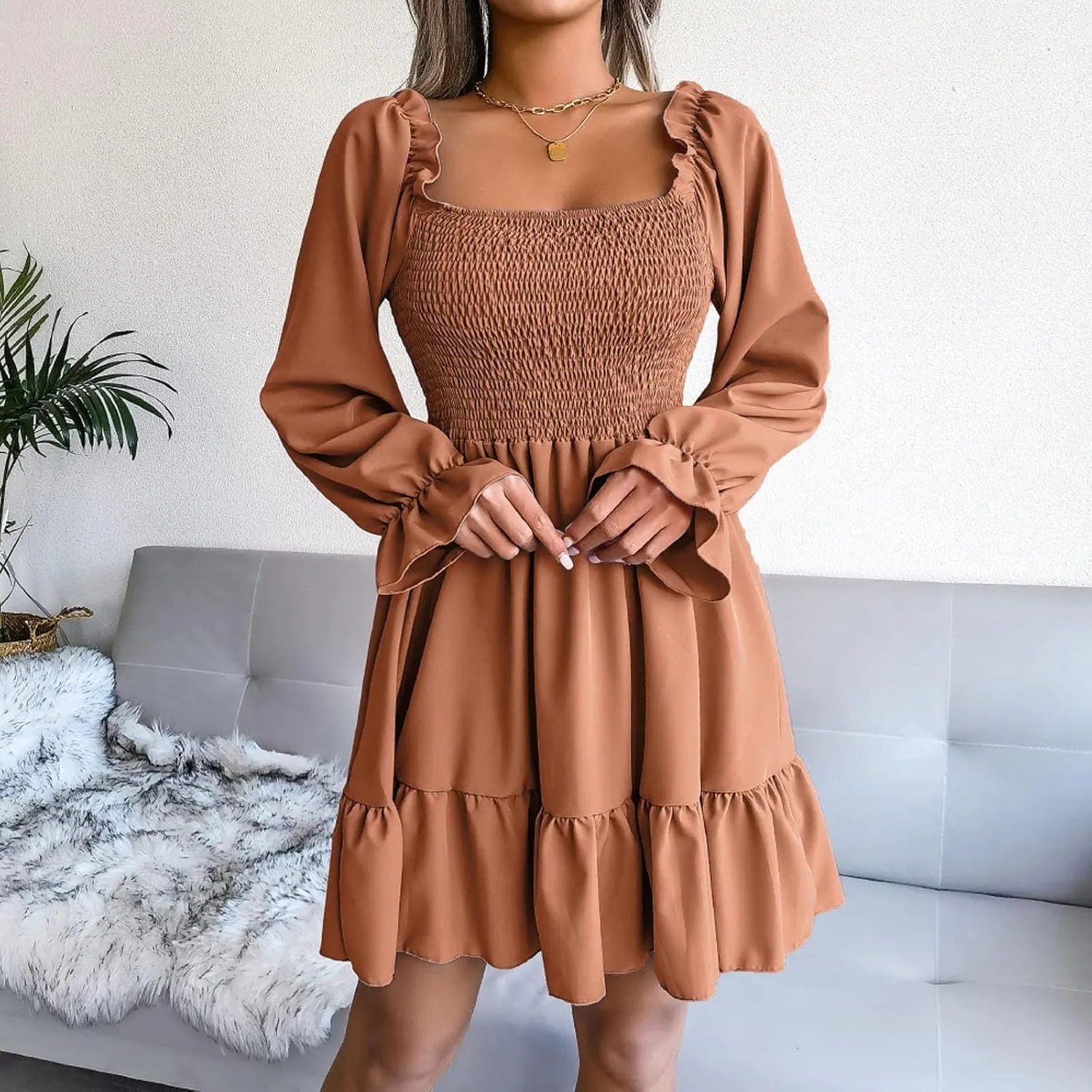 Long Sleeve Square Neck Mini Dresses for Women Fall Winter Formal Trendy Casual Sexy A Line Ruffle Ruched Dress