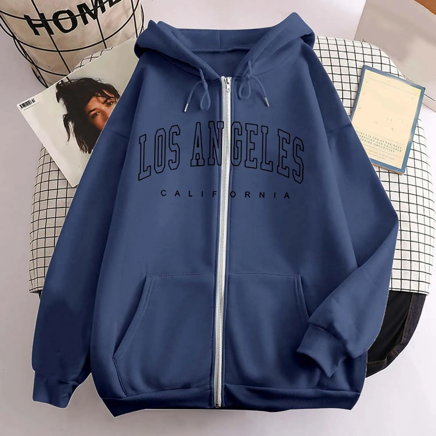 Los Angeles Zipper Hoodies for Women Teen Girls Oversized Full Zip Up Long Sleeve Hooded Sweatshirt Coat Fall Fashion Outfits