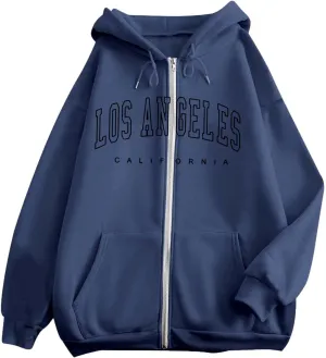 Los Angeles Zipper Hoodies for Women Teen Girls Oversized Full Zip Up Long Sleeve Hooded Sweatshirt Coat Fall Fashion Outfits