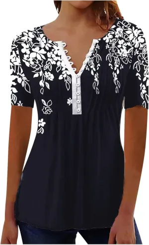 LRMQS Short Sleeve Summer Tops for Women 2024 Vacation Trendy Loose Fit Boho V Neck Tunic Blouse Casual Floral Shirt Clothing