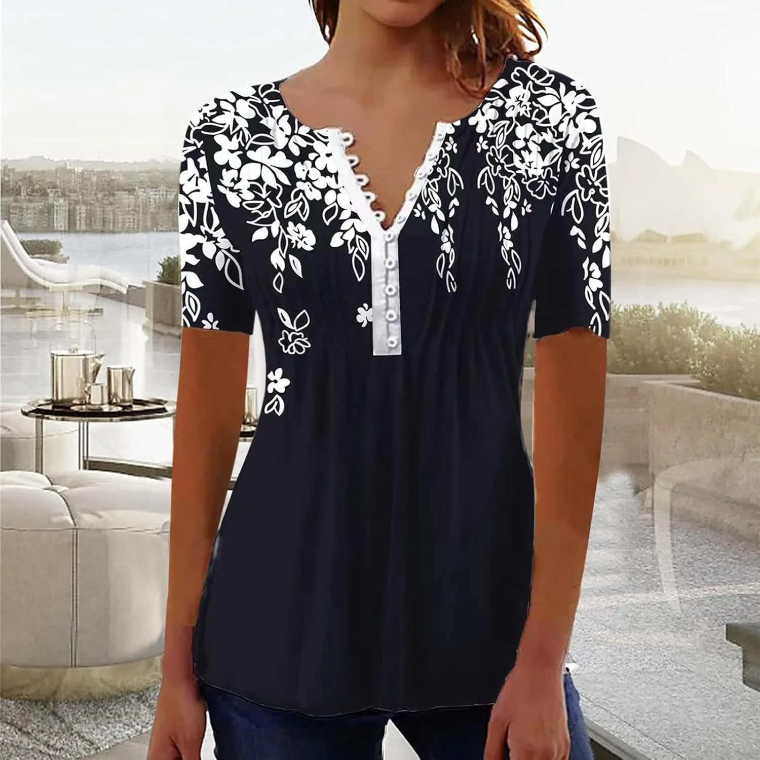 LRMQS Short Sleeve Summer Tops for Women 2024 Vacation Trendy Loose Fit Boho V Neck Tunic Blouse Casual Floral Shirt Clothing