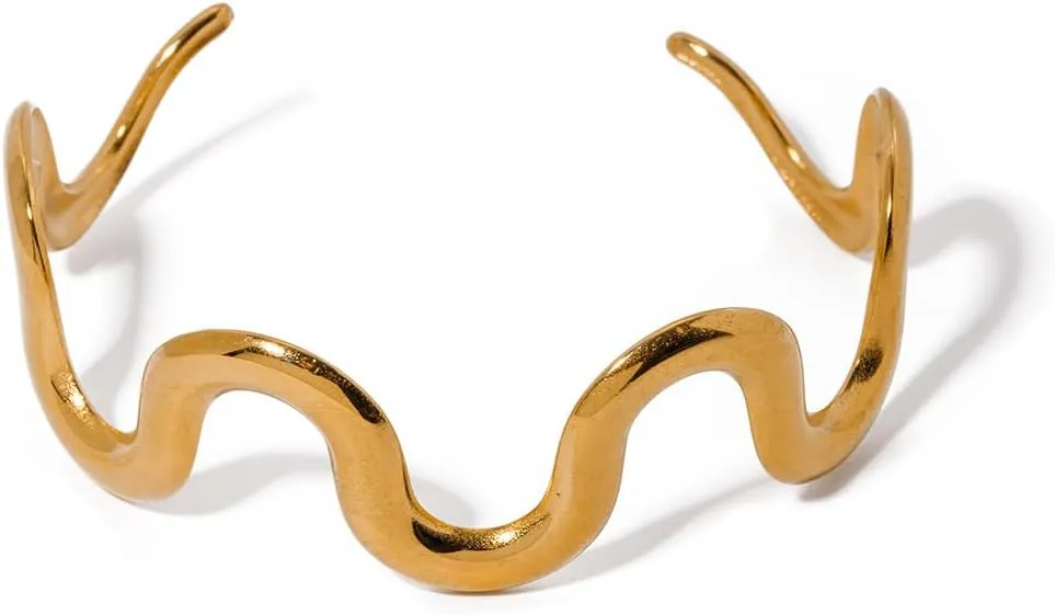 Luxurious Gold-Plated Minimalist Wavy Bangle Bracelet, 18K Gold-Plated Open Cuff for Women, Modern Sculptural Jewelry, Bold and Elegant Statement Bracelet