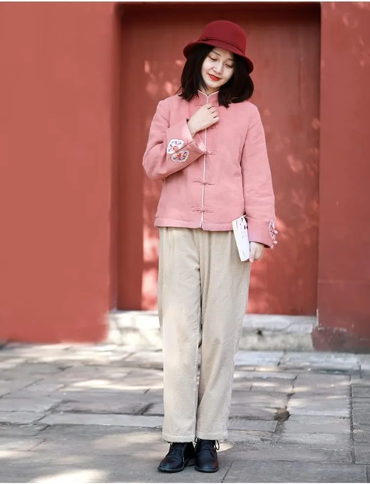 LUZU JUNU Women's Chinese Style Cotton Padded Coats Embroidered Tang Suit Jackets