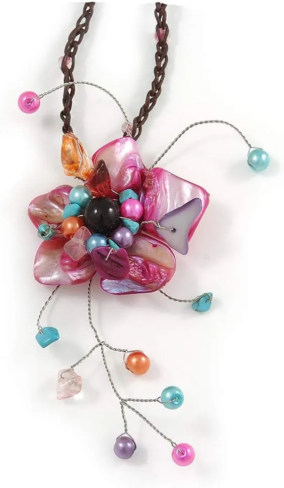 Magenta Shell Flower Pendant with Waxed Cotton Cord Necklace - 60cm L/ 9cm Front Drop